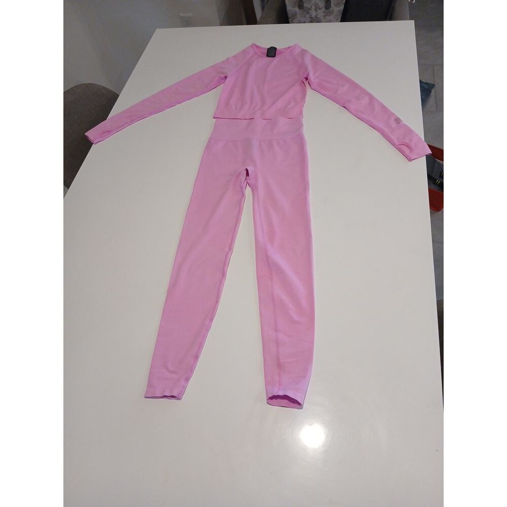 Pink Activewear Gym Yoga Set Ribbed Long Sleeve Cropped Top & Wide Leg Flare...